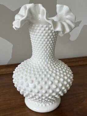 Fenton Large White Double Crimped Hobnail Vase 10.5" Ruffled Milk Glass Vintage